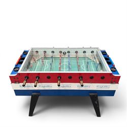 Garlando - vintage coin operated table football, tempered glass top, in red blue and white painted finish with 'Competition'  stencils, complete with ashtrays and score-trackers