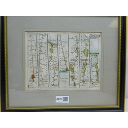  The Road from London to Flamborough in Yorkshire, 18th century hand coloured strip map, Hogarth twin glass framed, 16cm x 21cm  
