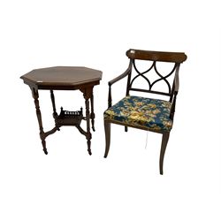 Early 20th century octagonal walnut centre table, and a early 19th century mahogany elbow chair