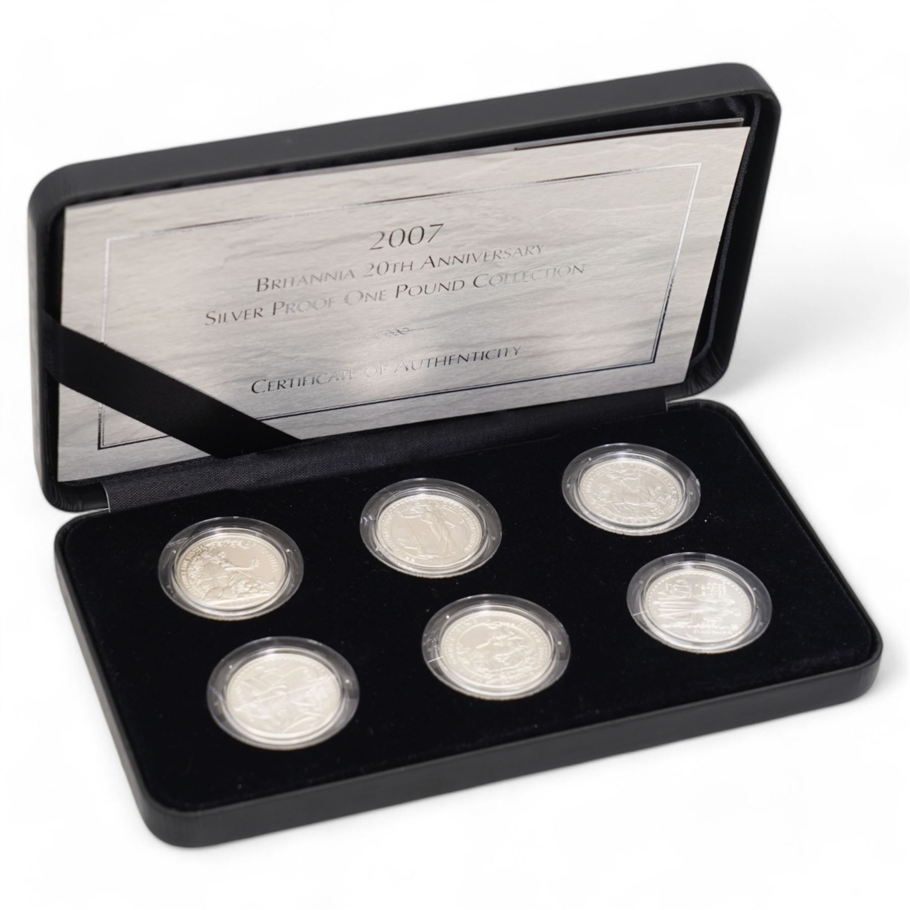 The Royal Mint United Kingdom 2007 Britannia 20th Anniversary silver proof one pound collection, cased with certificate