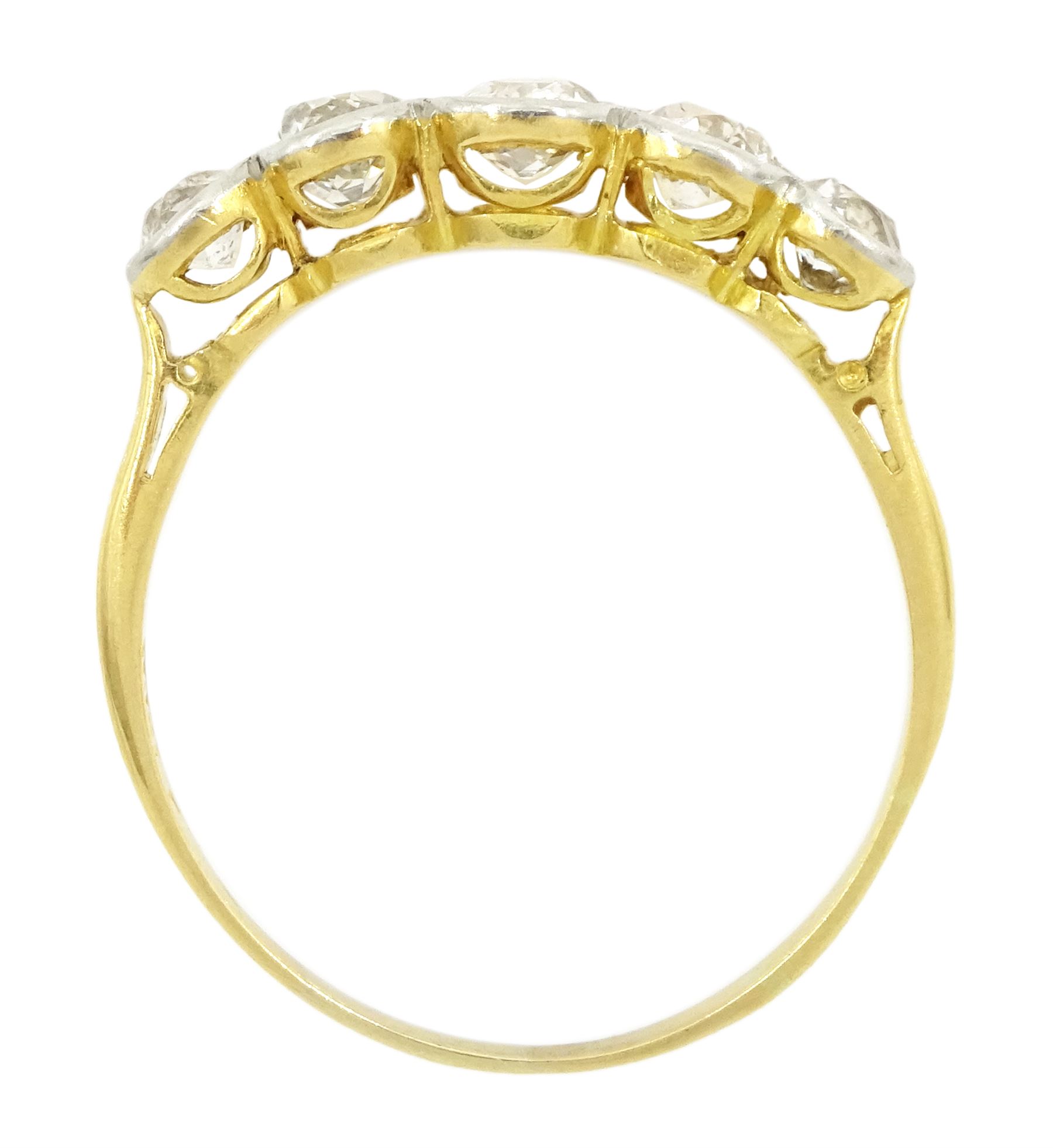 Early 20th century gold five stone old cut diamond ring, stamped 18ct, total diamond weight approx 1.50 carat