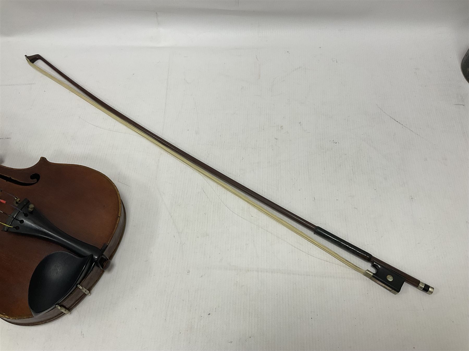Full size violin and bow in a wooden constructed fitted case, back length 35cm, full length 60cm