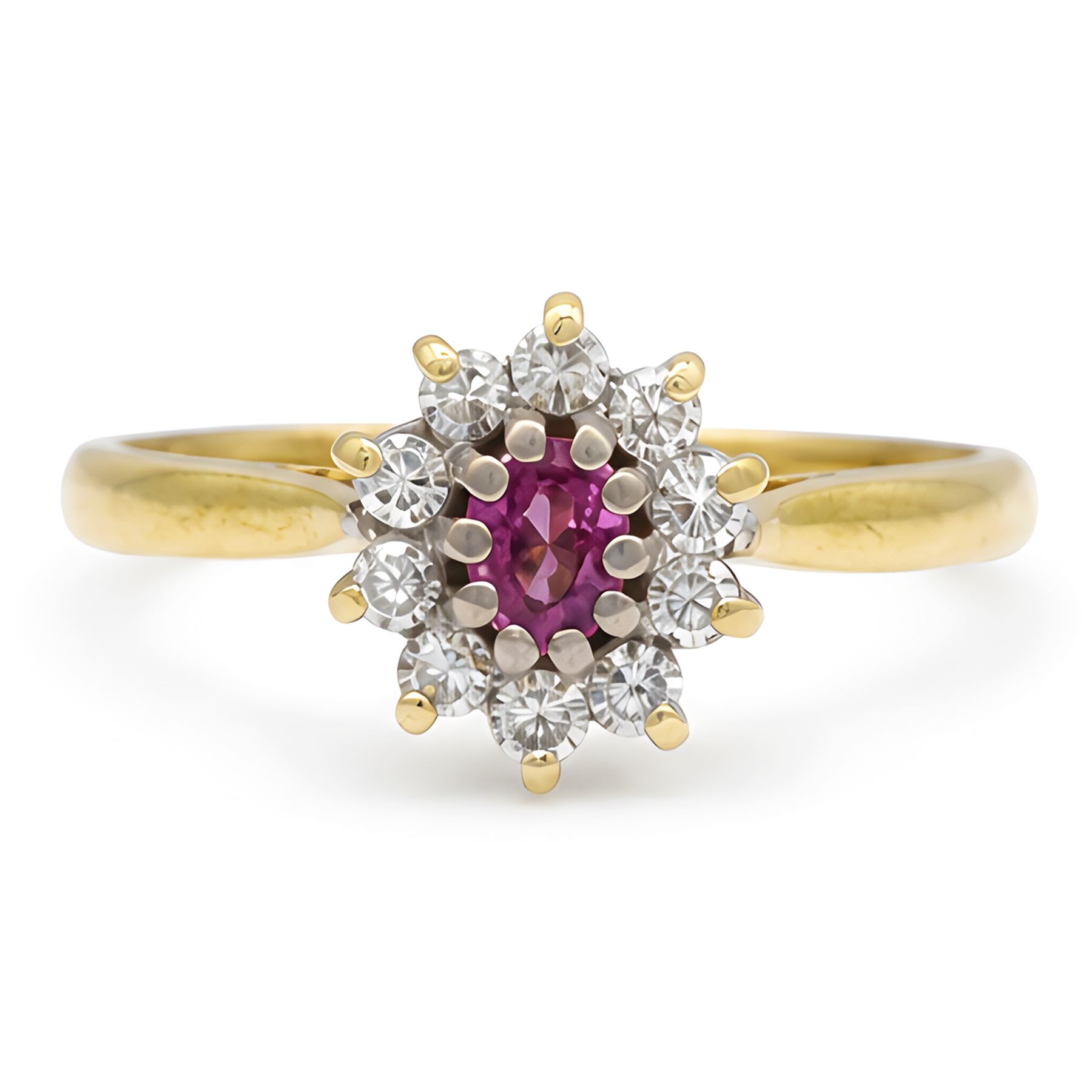 18ct gold pink sapphire and diamond cluster ring, single oval cut sapphire of 0.23 carat, surrounded by ten round brilliant cut diamonds, Birmingham 1985, total diamond weight 0.26 carat