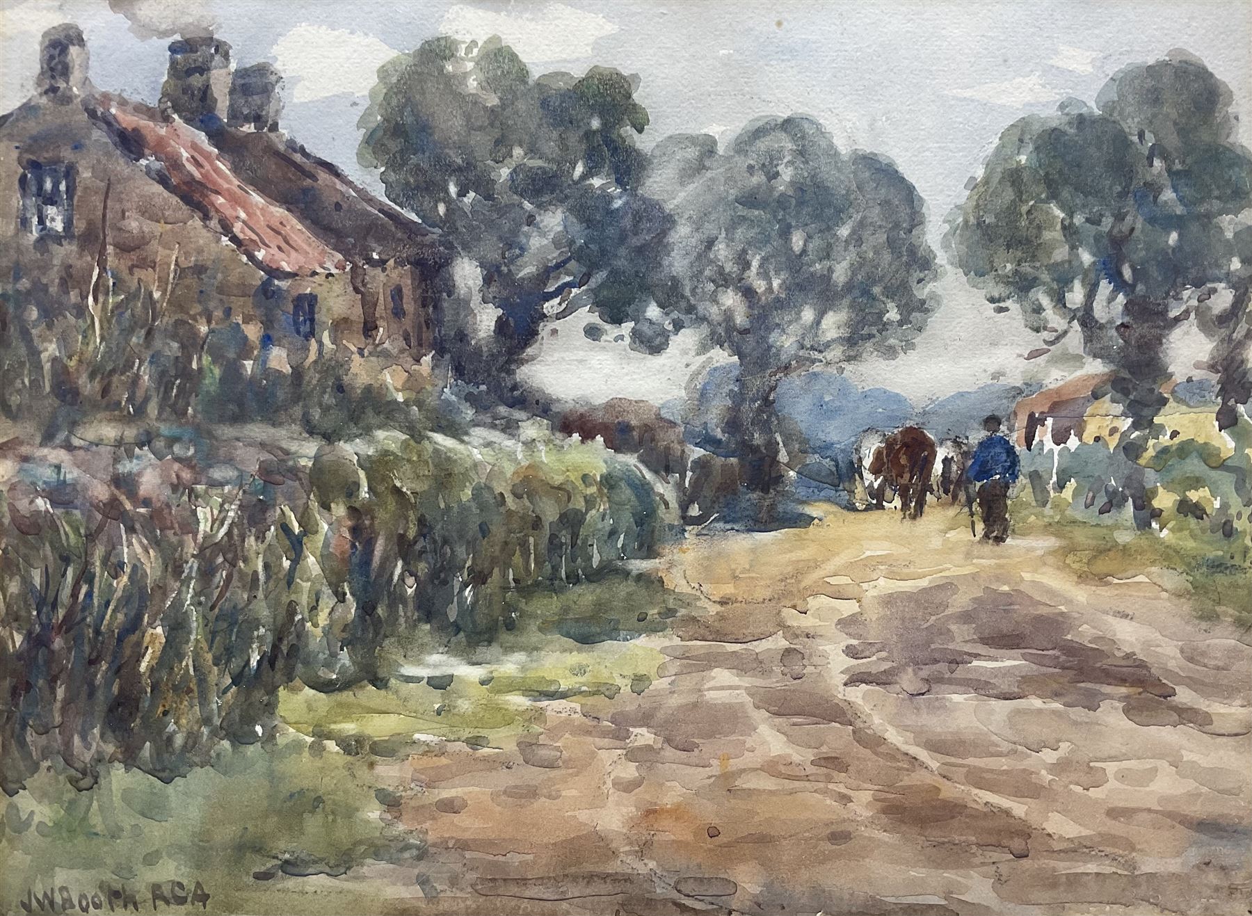 James William Booth (Staithes Group 1867-1953): Driving Cattle down a Country Lane, watercolour signed 28cm x 37cm