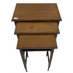Edwardian mahogany nest of three tables, rectangular tops with satinwood band, square supports terminating at turned feet