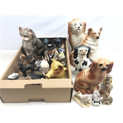  Beswick Beagle on stand, Staffordshire sponge decorated model of a cat, early pearlware (a/f), other Staffordshire figures, Royal Doulton toby jugs, Burleigh Churchill Victory character jug and other figures in two boxes  