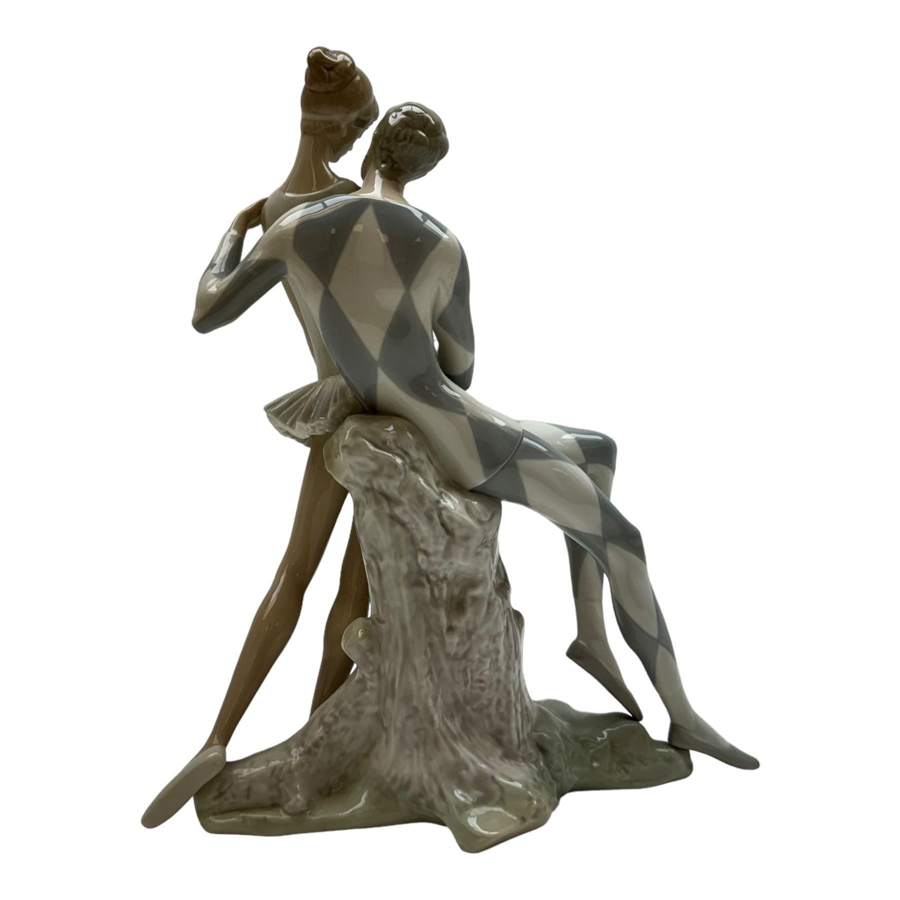 Lladro, Harlequin and ballerina, no 1017, together with The Nuns no 4611