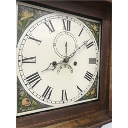 19th century oak and mahogany banded longcase clock, the hood with swan neck pediment, painted square Roman dial with floral spandals, subsidiary second dial and calendar aperture, eight day movement striking on a bell, H212cm (with two weights and pendulum)