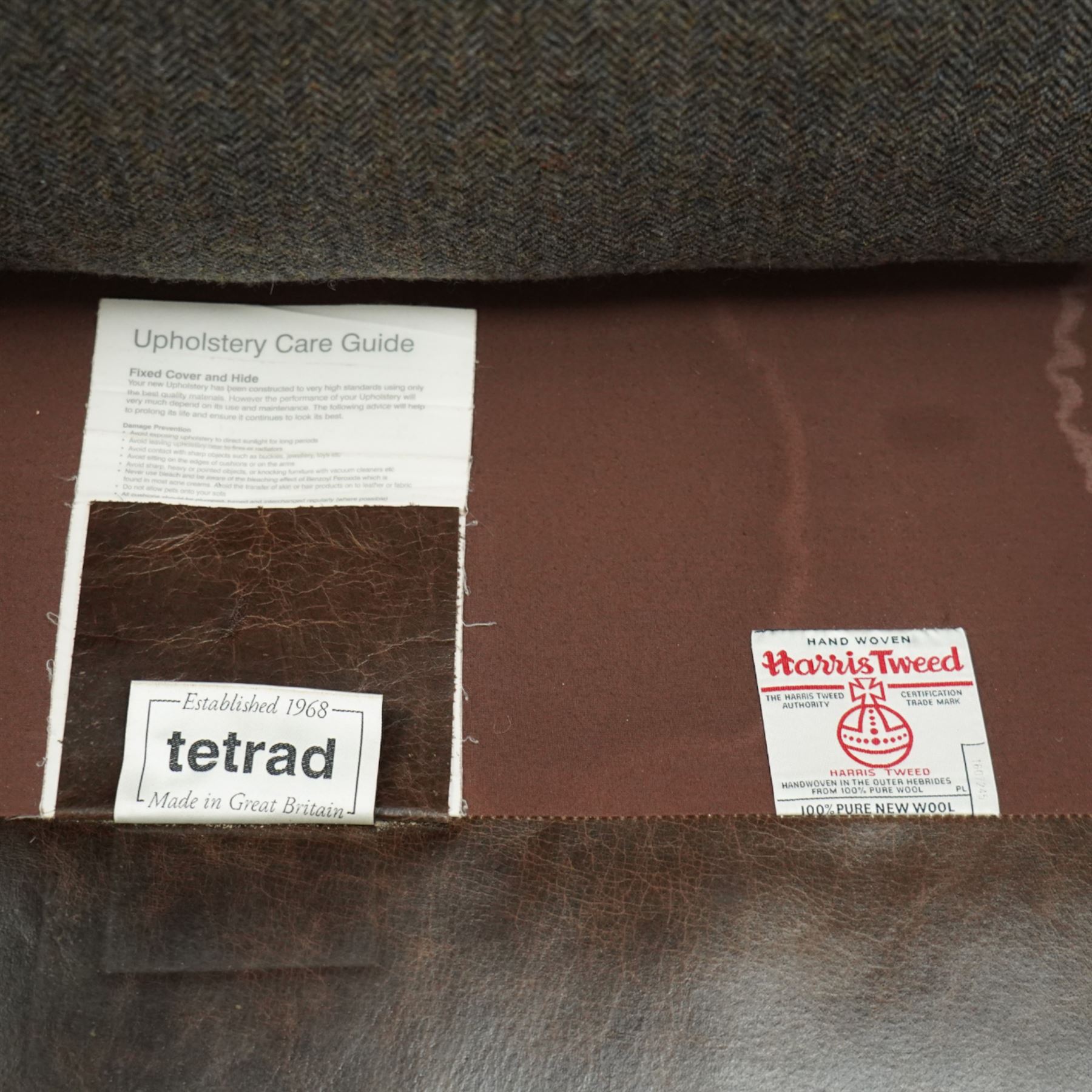 Tetrad - Harris Tweed and leather upholstered Chesterfield sofa, curved back and arms  with deep buttoned brown leather upholstery above loose herringbone tweed seat cushions with brown leather piping, raised on turned wooden feet 