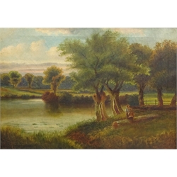  Figure by a Riverside and Figure Walking Down a COuntry Path, three 19th century oils on canvas unsigned max 35cm x 50cm (3)  