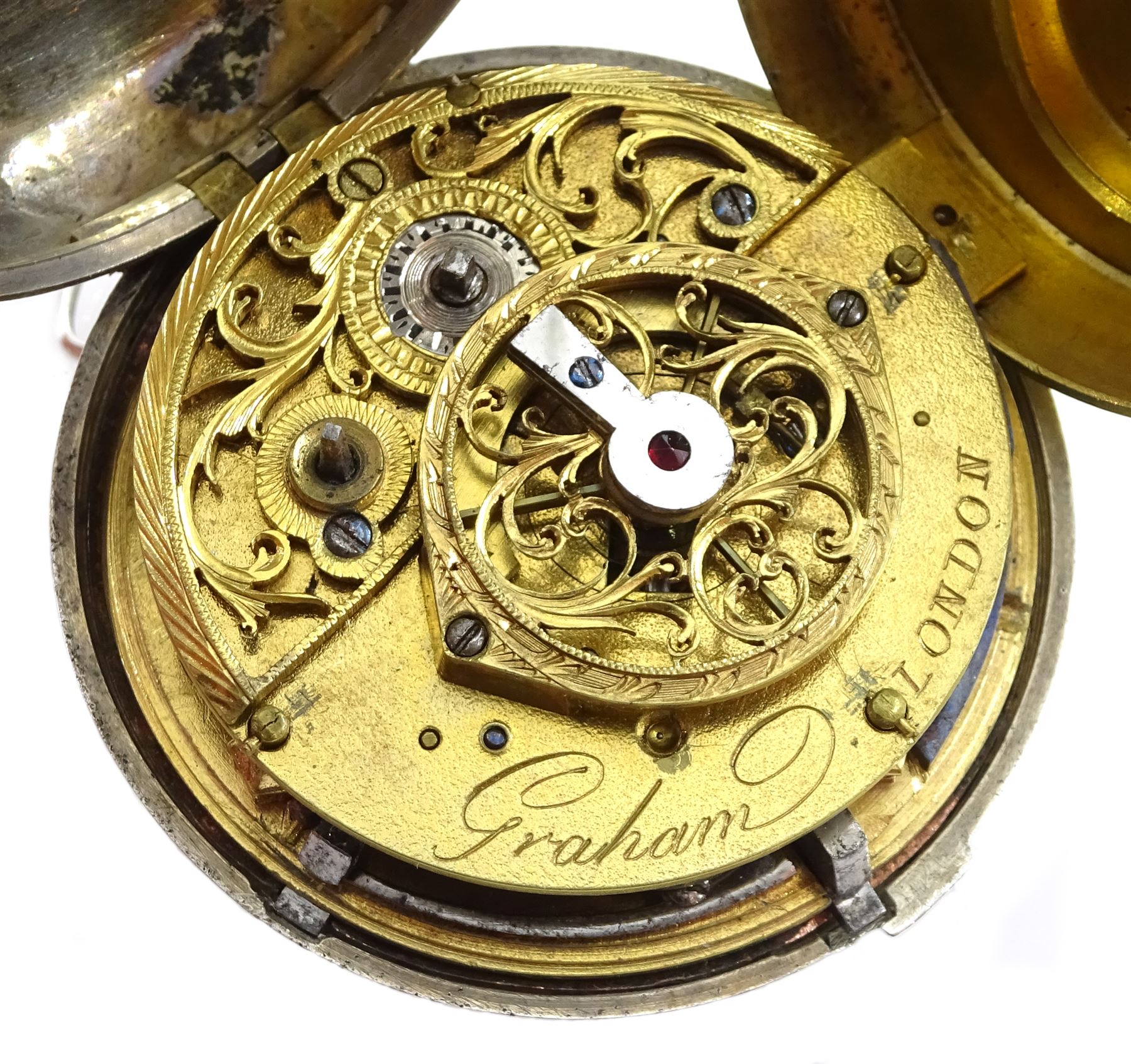 18th century silver and tortoiseshell quadruple cased verge fusee pocket watch by Graham, London, square baluster pillars, pierced and engraved balance cock, signed white enamel dial with Roman numerals and Fleur de Lys decoration, tortoiseshell third outer case with pique work to the borders, in a fitted later white metal fourth case