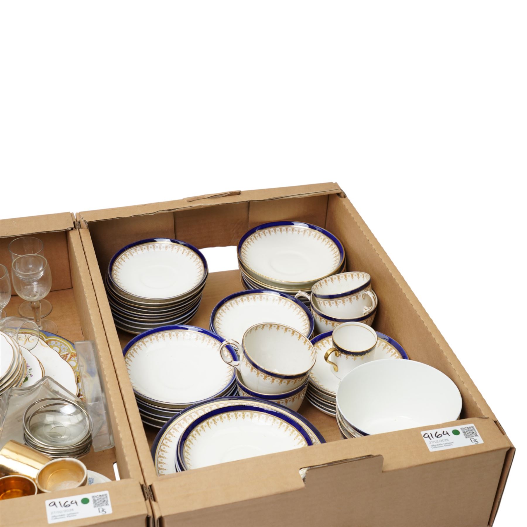 Mixed ceramics and glass, Fords China service and matched items, Victorian wash jug with botanic decoration, etched glass, etc, contents in three boxes