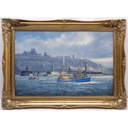 Jack Rigg (British 1927-): 'Whitby Light WY170' Skippered by William Hall leaving Whitby Harbour in the 1960's, oil on canvas signed and dated 2006, titled verso 50cm x 75cm