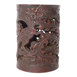 Carved brush pot, decorated with dragon and ho ho bird, H17cm