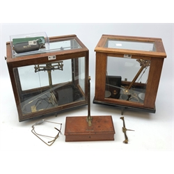  Set of Oertling chemical balance scales in mahogany case with a set of metric weights, another set of chemical balance scales, set of 19th century travel scales, micrometers, Rubert & Co Ltd Surface Finish Gauge and other scientific equipment   