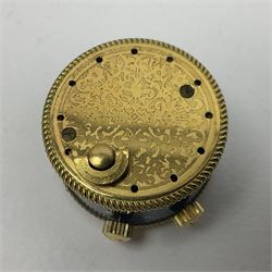 Bueche Girod silver-gilt and enamel novelty miniature clock, with a band of gilt moon and star decoration upon a deep blue enamel ground, with enamel and gilt foliate dial, with musical mechanism playing happy birthday, D2.7cm, in suede pouch