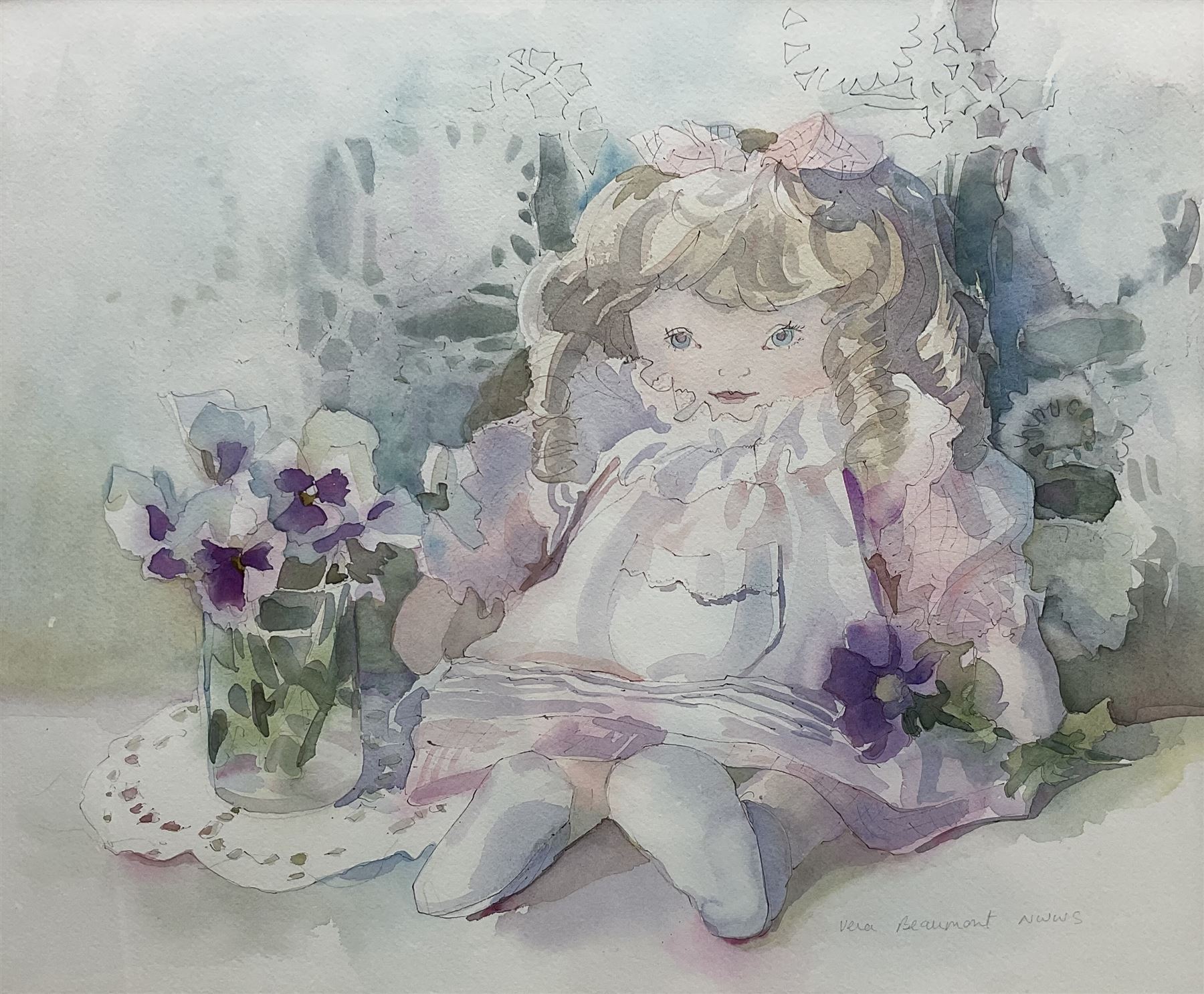 Vera Beaumont (American 20th century): Still Life of Doll and Flowers, watercolour signed 36cm x 43cm