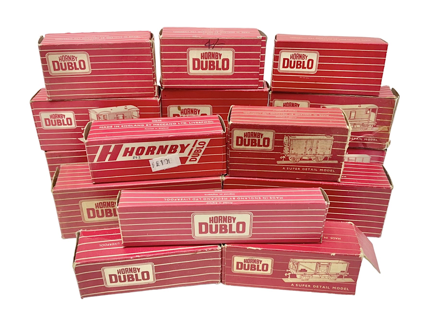 Hornby Dublo - sixteen goods wagons comprising 4644 21-Ton Hopper Wagon, 4315 Horse Box (BR) with horse, 4316 Horse Box (SR) with horse, 4649 Low Sided Wagon with tractor, 4301, 4310, 4311, 4312, 4313, 4320, 4626, 4648, 4652, 4675, 4678 and B550200 (Mineral Wagon); all in red boxes (16)