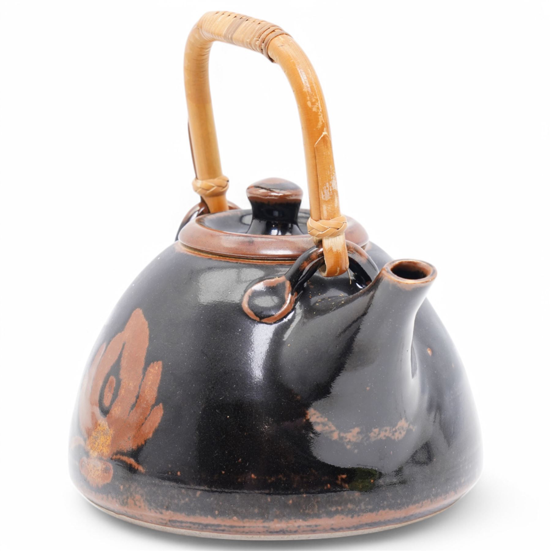 David Leach (1911-2005): studio pottery stoneware kettle, tenmoku glaze with motif in rust,  impressed potters seal to base, excluding handle H13cm 