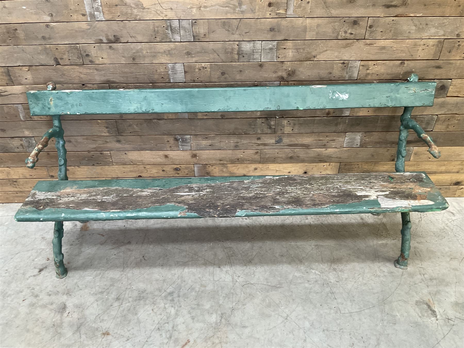 Early 20th century cast iron framed faux bois garden bench, timber seat and back rest