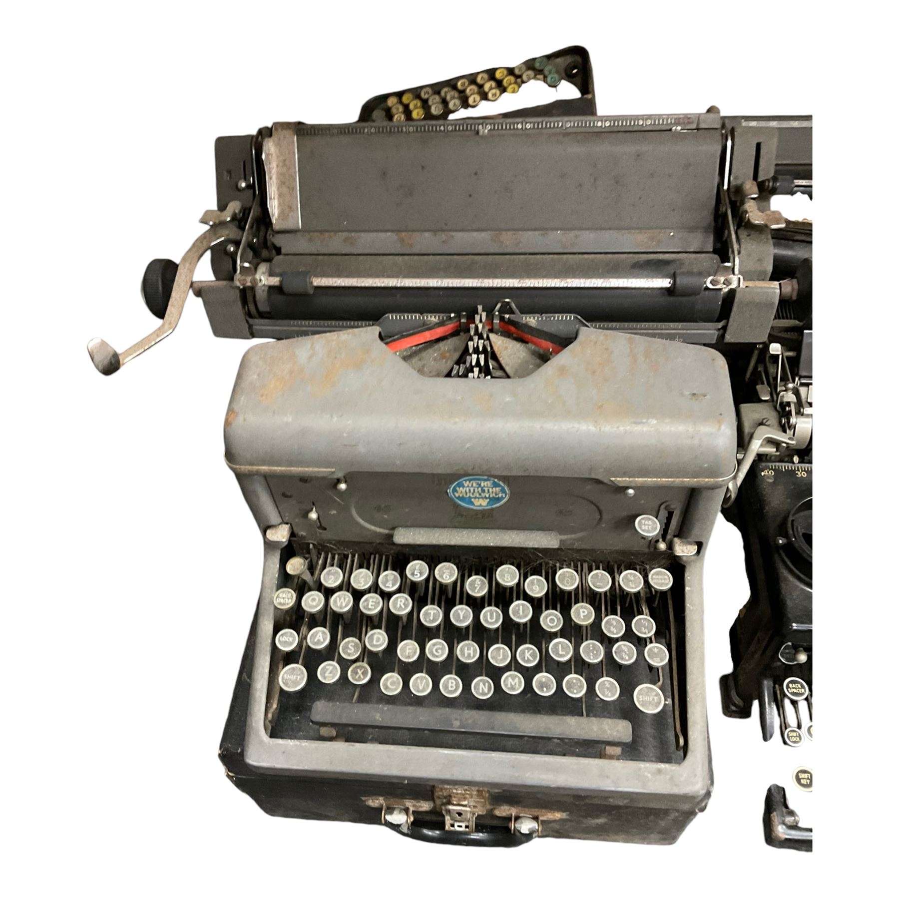Collection of antique typewriters, including Royal and Imperial and gramophones 
