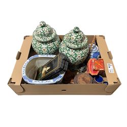 Collection of Asian items, including a pair of Prunus vases, a  blue and white teapot, lac...