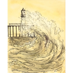 John Freeman (British 1942-): Waves Breaking onto Whitby Pier, ink and monochrome wash signed and dated '70, 17cm x 13cm