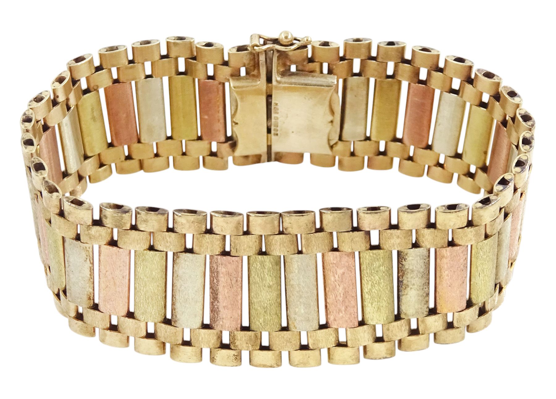 9ct tri-coloured gold textured and polished link bracelet, Birmingham 1976