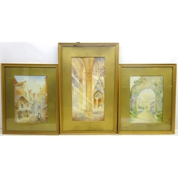 A S Hagyard (British early 20th century): 'The Shambles', 'Byland Abbey' and 'West End Nave York Minster', set three watercolours signed, titled on the mounts 50cm x 25cm (3)