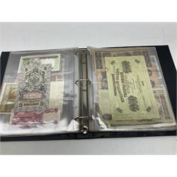 World banknotes, including Queen Elizabeth II The States of Jersey one pound 'DB202703', five pounds 'BB527762' and ten pounds 'AB651481', reserve bank of New Zealand two dollars '1L3 741894', King George V Straits Settlements one dollar 1st January 1935 'F/83 28924', various Bank of England notes etc, housed in two ring binder albums