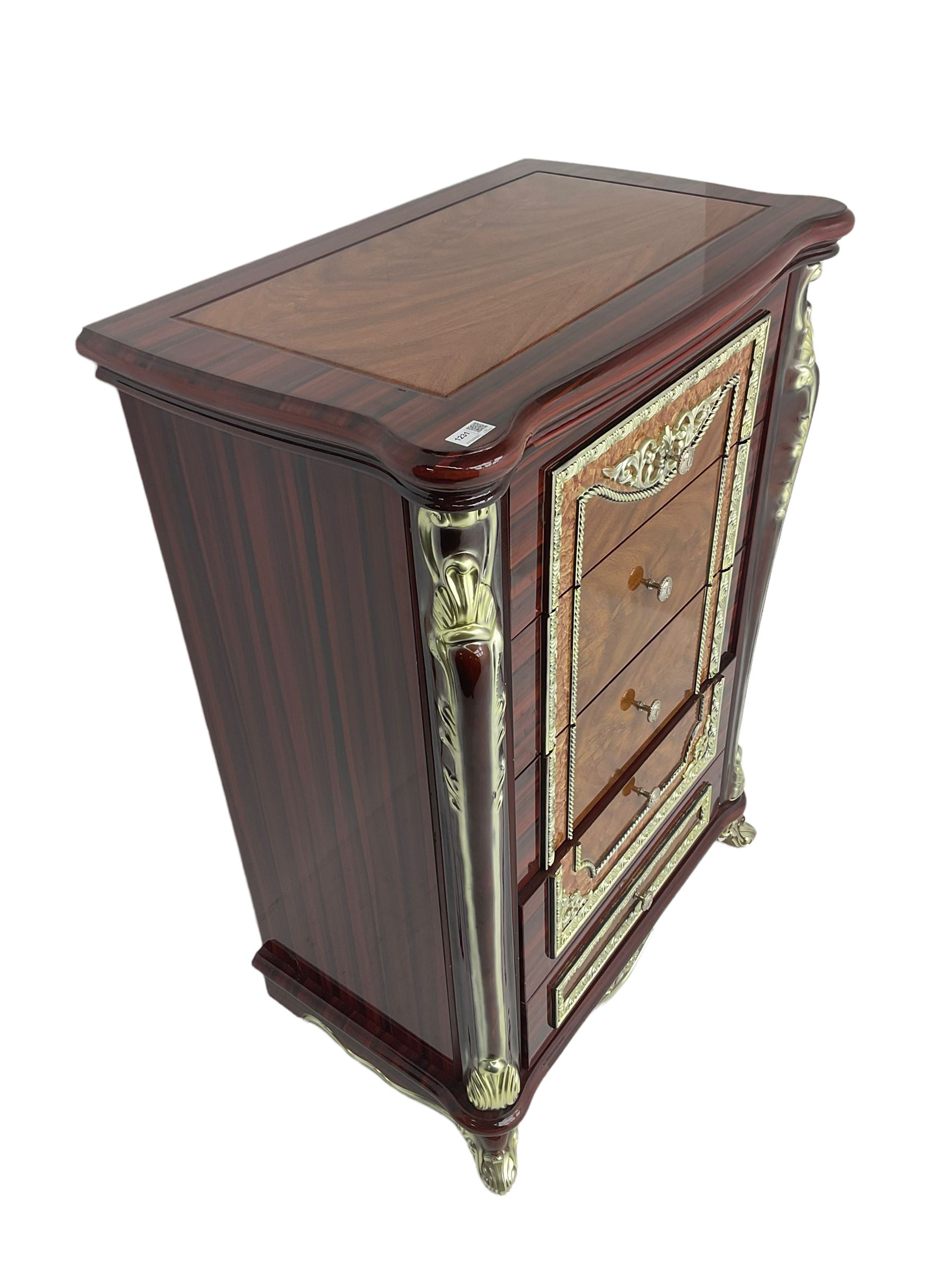 Rococo style wood finish chest, fitted with five drawers, decorated with scrolled foliate and flower heads 