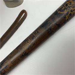 Police - Victorian turned hardwood truncheon with traces of decoration and VR cypher L42cm; Humberside Police helmet with Queens Crown helmet plate; hand lamp inscribed 'The Inspector'; and small pair of pewter figures of police officers (5)