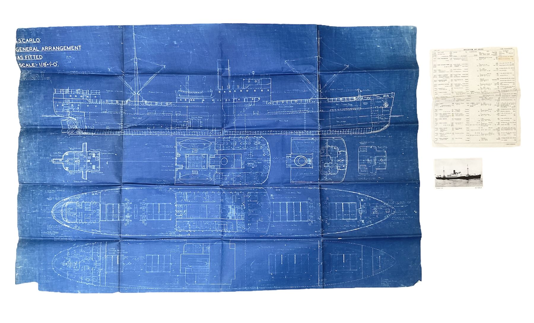 Blue print for the Ellerman's Wilson Line Ltd steam ship 'Carlo', entitled General Arrangement As Fitted' scale 1/8