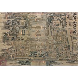 Chinese School (20th century): Aerial View of the Forbidden City, lithograph poster with instructions and stamped seals 75cm x 40cm