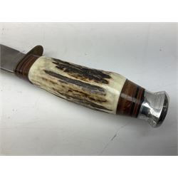 Bowie knife by J. Nowill & Sons Sheffield England Est. AD1700,  with 17.5cm steel blade, brass cross-piece, antler grip and alloy pommel; in leather sheath L32cm overall