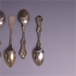 American silver tea and coffee spoons, comprising set of six coffee spoons with embossed lily decoration, set of six teaspoons with embossed rose decoration, both with engraved initials and a pair of Larkin coffee spoons, all stamped Sterling