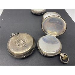 Five Victorian and early 20th century silver lever pocket watches including keyless half hunter, Fattorini & Sons, Bradford, Thomas Russell & Sons, Liverpool and Thomas Yates, Preston and a silver graduating Albert chain with fob