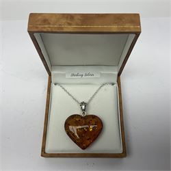 Silver Baltic amber heart pendant necklace, stamped 925, boxed 