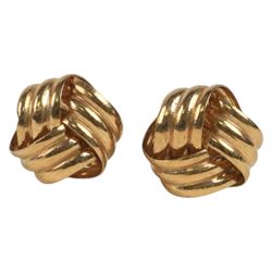 Two pairs of 9ct gold hoop earrings and a pair of 9ct gold knot earrings