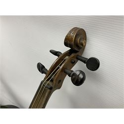 German violin early 20th century with 35.5cm one-piece maple back and ribs and spruce top, stamped HOPF. L59cm overall; in carrying case with two bows, one stamped BAUSCH