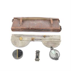 WWII British Plotting Field Instrument in Case, the metal instrument with ruled guide, used to calculate the fall of the shot from the gun stamped 'Plotter Field Mk IV W. Watson & Sons Ltd, No 8908 1939', in leather case marked 'Plotter Field MIV W. Guest & Co Ltd 1916', together with Watkin's compass clinometer, by J. Hicks, Hatton Garden, London, number 5640 and a trough compass 