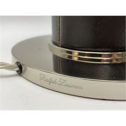 Ralph Lauren - 'Beckford' table lamp, cylindrical form in chocolate brown leather, polished metal base, with shades