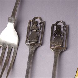 Small silver photograph frame,  four decorative silver forks, two silver and enamel spoons, other silver spoons and silver cased fob watch 