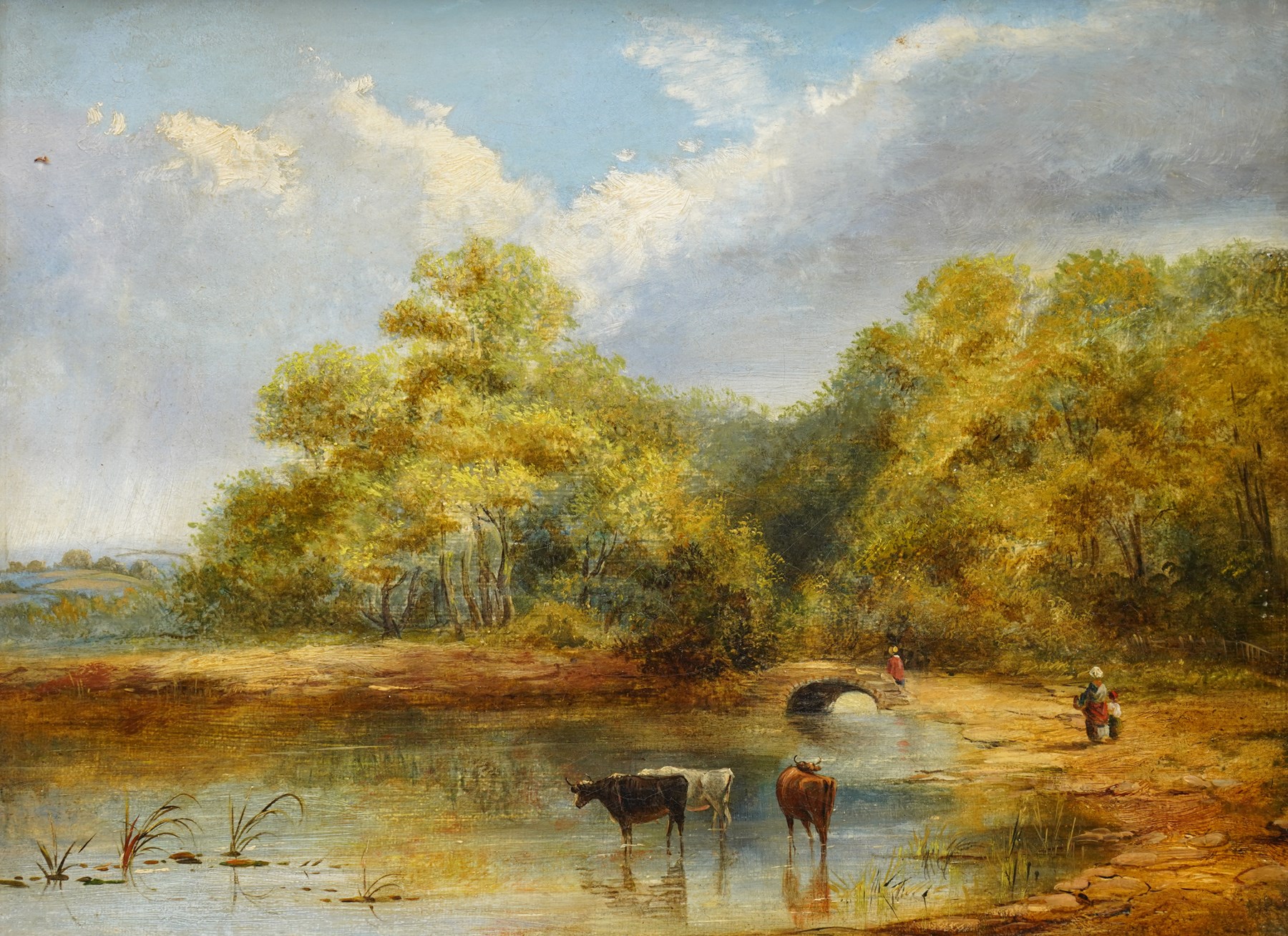 George Dodgson Callow (British 1829-1875): Cows Wading through a Calm River, oil on canvas unsigned 22cm x 30cm