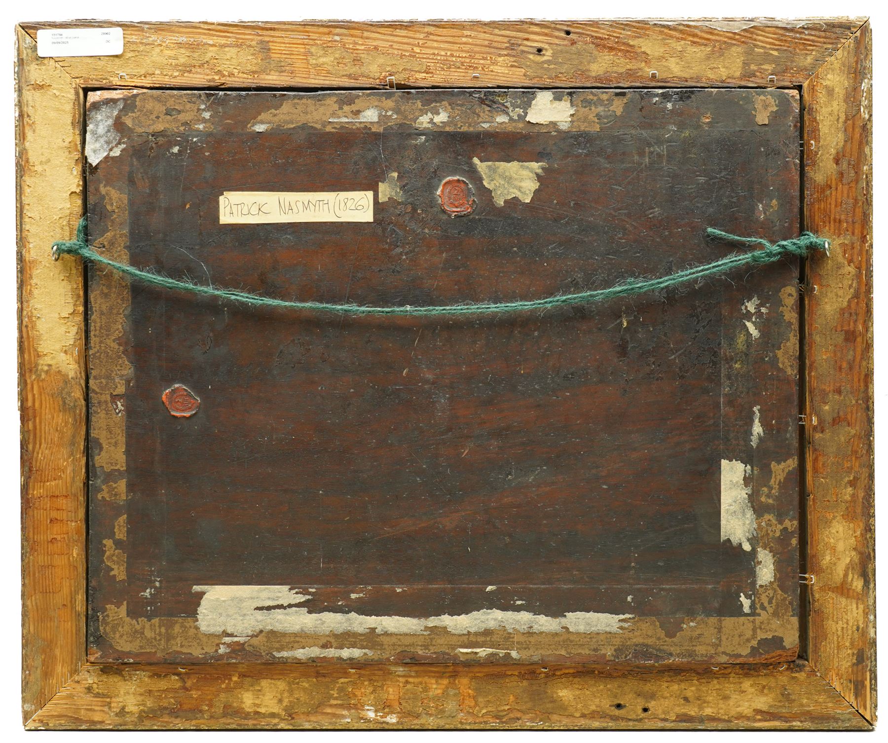 Circle of Patrick Naysmith (British 1787-1831): Figures by a Lakeside Cottage, oil on panel unsigned, red wax collector’s seal verso 35cm x 44cm