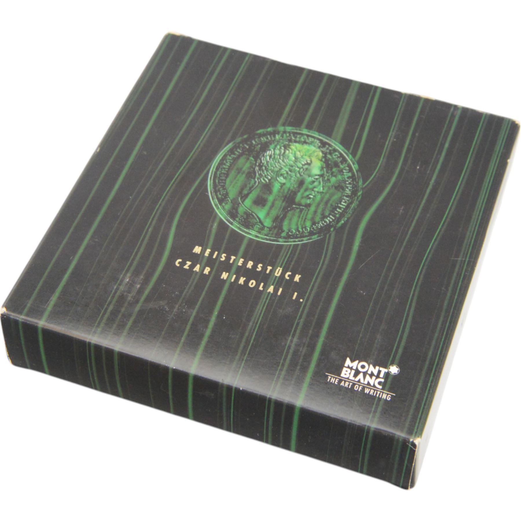 Montblanc Meisterstuck Czar Nikolai I Malachite rollerball pen, with malachite lid and solid silver, stamped 925, gold plated body, together with original signed certificate and polythene cloth, in original box with a Montblanc leather case