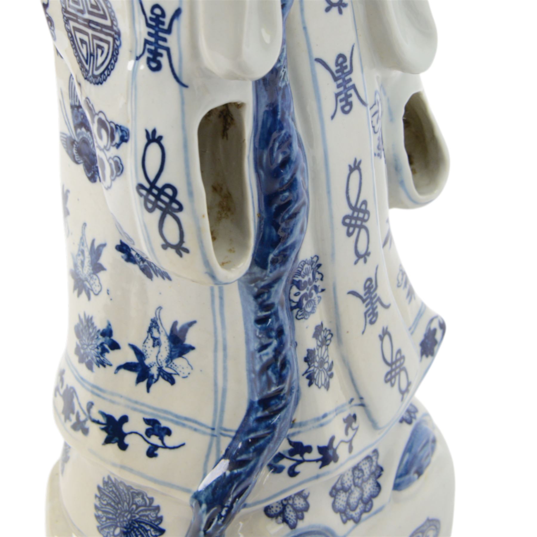 20th century Chinese blue and white porcelain figure of an Emperor, wearing a dragon decorated robe, seal marks beneath, together with blue and white figure of Shou Lao H54cm