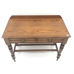  Victorian pitch pine two side table, raised shaped back, moulded top, two drawers, turned supports joined by stretchers, W99cm, H80cm, D51cm  