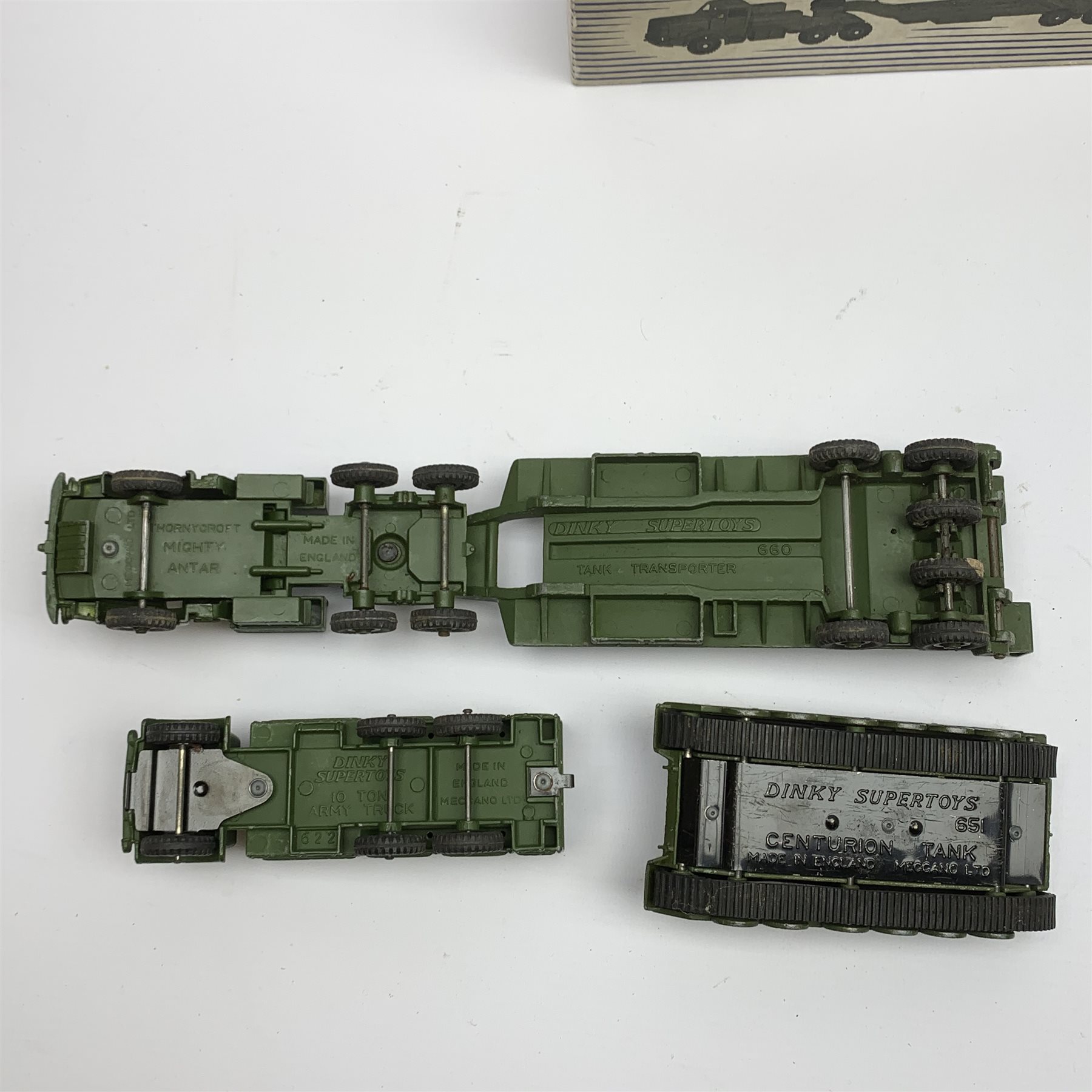 Dinky - Thornycroft Mighty Antar Tank Transporter No.660, boxed with internal packaging; Centurion Tank No.651; and 10-Ton Army Lorry No.622, all boxed (3)
