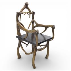 Late 20th century simulated antler armchair in the manner of Peter Silk, Helmsley, constru...